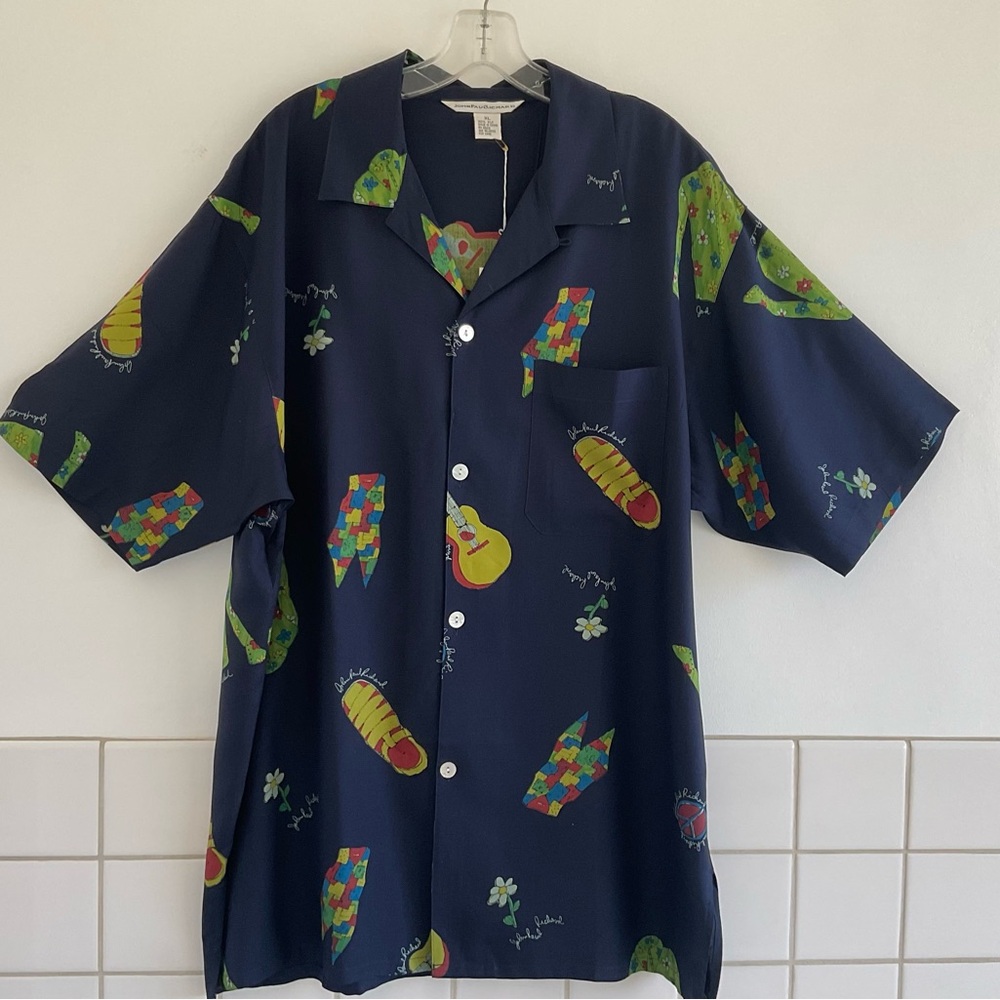 JohnPaulRichard 100% Silk Navy Blue Casual Shirt  Hippie Themed Pattern  XL  NWT